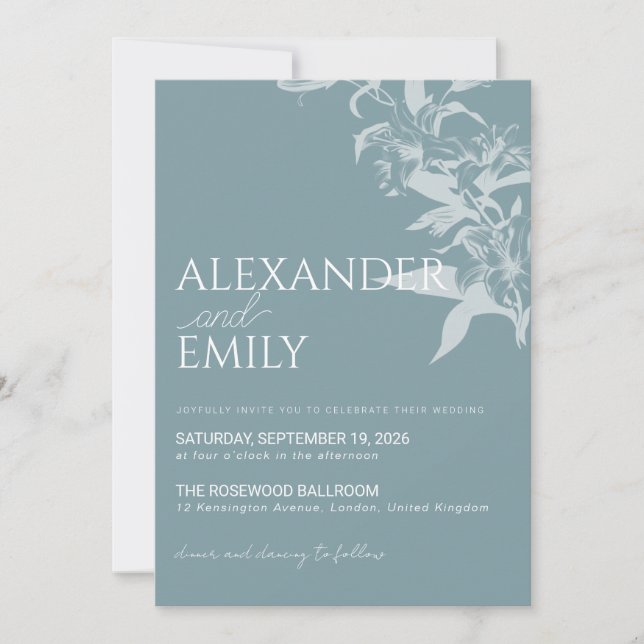 Elegant Blue Floral Wedding Invitation (Front)