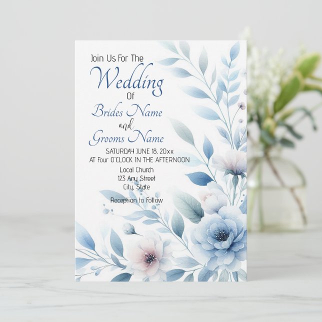 Elegant Blue Floral Wedding Invitation (Standing Front)