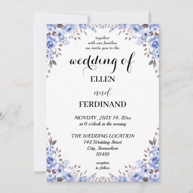 Elegant Blue Floral Wedding Invitation (Front)