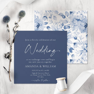 Elegant Blue Floral Wedding Invitation