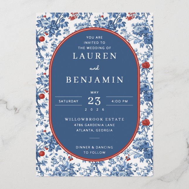 Elegant Blue Floral Wedding Invitation (Front)