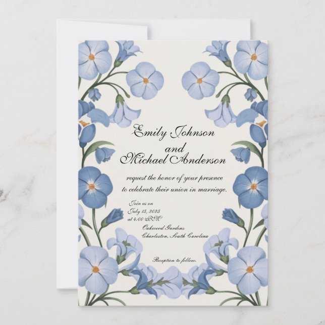 Elegant Blue Floral Wedding Invitation (Front)