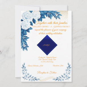 Elegant Blue Floral Wedding Invitation on White