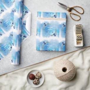 Elegant Blue Floral Wedding Invitation Wrapping Paper