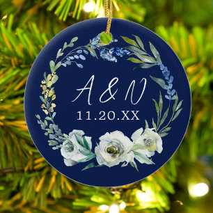 Elegant Blue Floral Wedding Monogram Christmas Ceramic Ornament