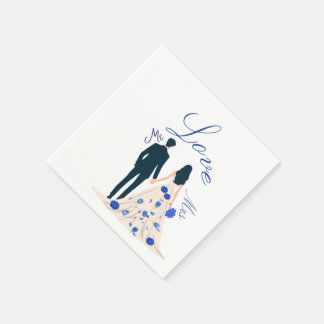 Elegant Blue Floral Wedding Napkin | Bride & Groom