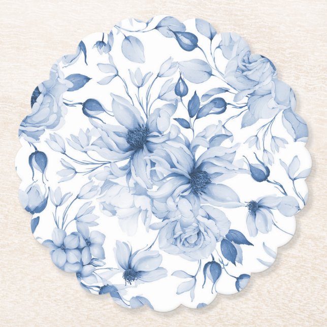 Elegant Blue Floral Wedding  Paper Coaster (Front)