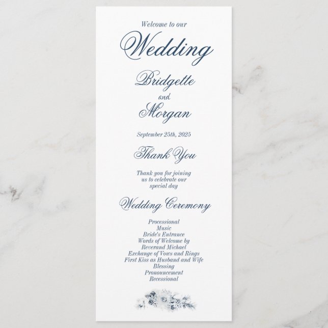 Elegant Blue Floral Wedding Program (Front)