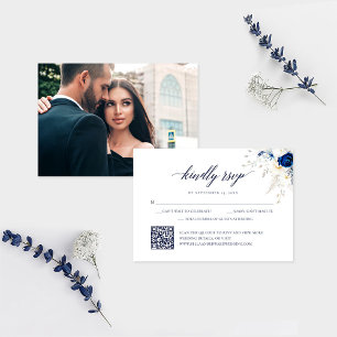 Elegant Blue Floral Wedding QR Code RSVP Card