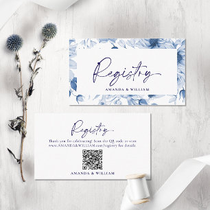 Elegant Blue Floral Wedding Registry Card with QR