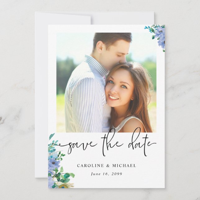 Elegant Blue Floral Wedding Save The Date (Front)
