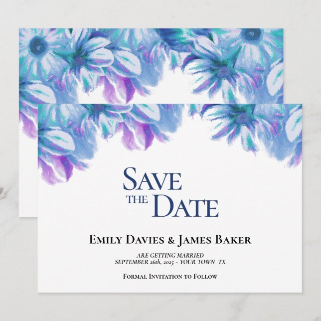 Elegant Blue Floral Wedding Save the Date (Front/Back)