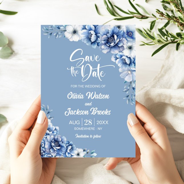 Elegant Blue Floral Wedding Save the Date Invitation (Creator Uploaded)