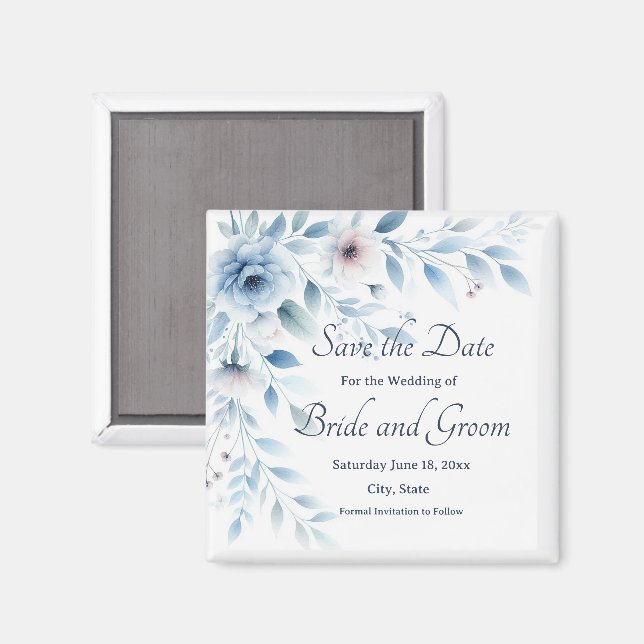 Elegant Blue Floral Wedding Save the Date Magnet (Recto/Verso)