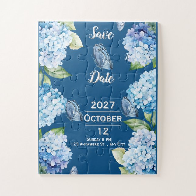 Elegant Blue Floral Wedding Save the Date Puzzle (Vertical)