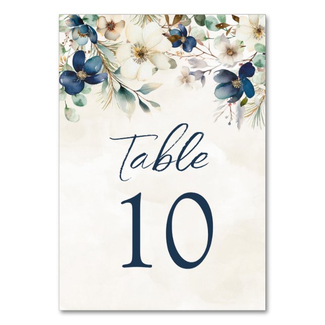 Elegant Blue Floral Wedding Table Number Cards (Front)
