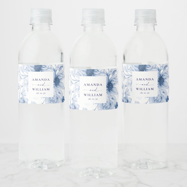 Elegant Blue Floral Wedding Water Bottle Labels (Bottles)