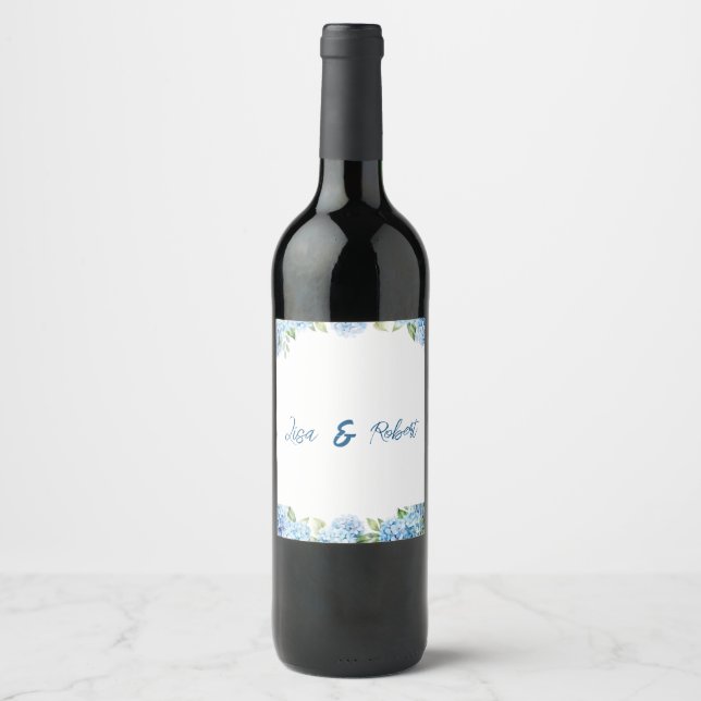 Elegant Blue Floral Wedding  Wine Label (Front)
