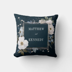 Elegant Blue Floral White Blossom Design Throw Pillow