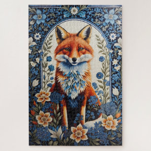 Elegant Blue Floral William Morris Inspired Fox Jigsaw Puzzle