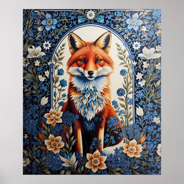 Elegant Blue Floral William Morris Inspired Fox Poster (Front)