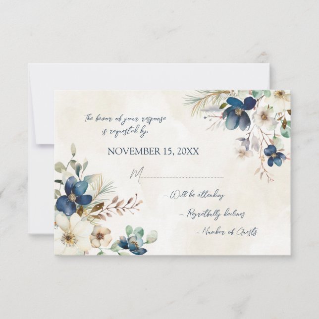 Elegant Blue Floral Winter RSVP Wedding Card (Devant)