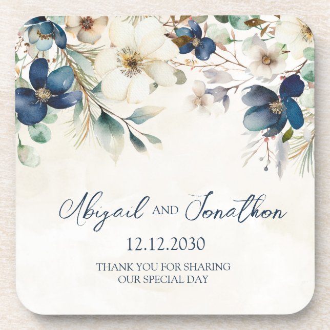 Elegant Blue Floral Winter Wedding Coaster (Front)