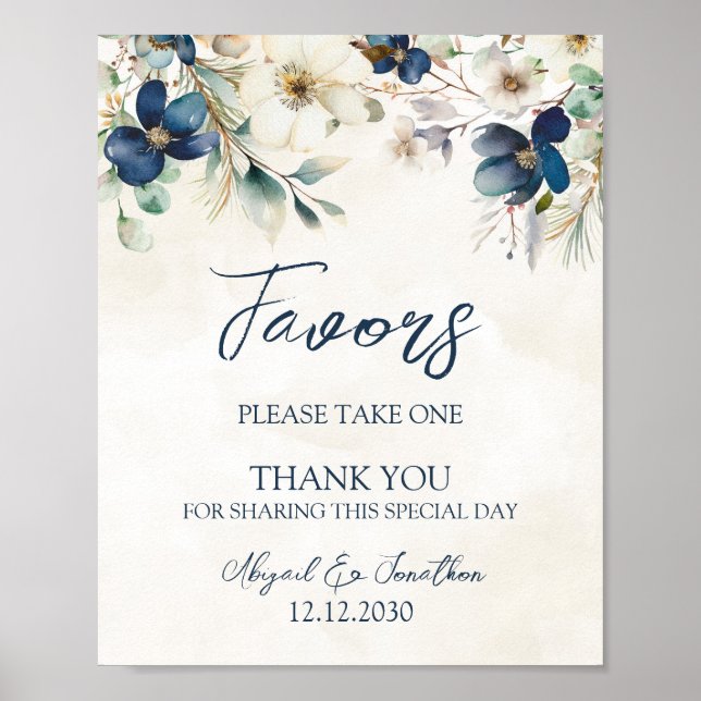 Elegant Blue Floral Winter Wedding Favors Sign (Front)