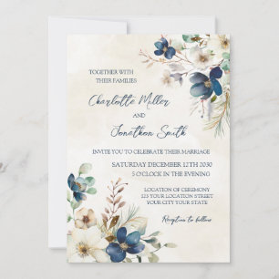 Elegant Blue Floral Winter Wedding Invitations