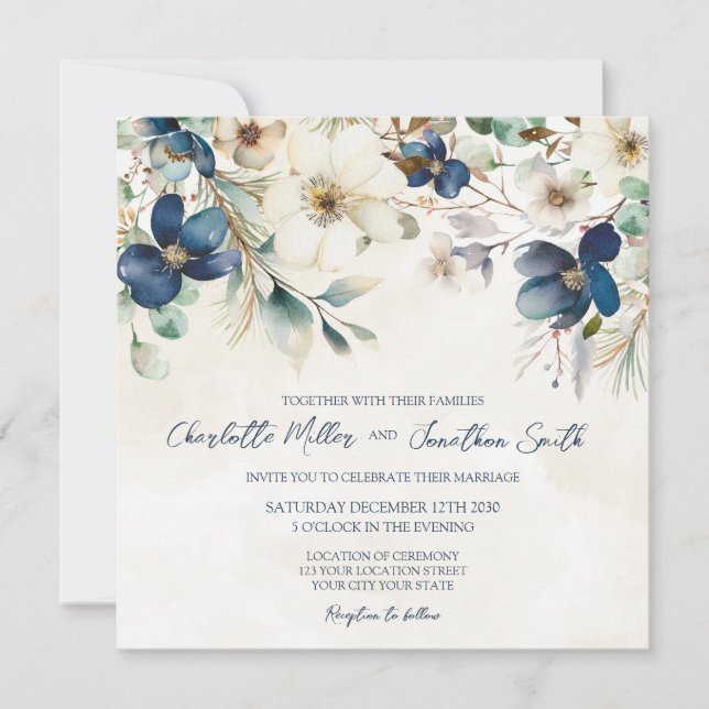 Elegant Blue Floral Winter Wedding Invitations (Front)