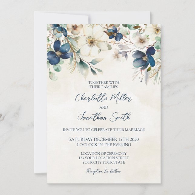 Elegant Blue Floral Winter Wedding Invitations (Front)