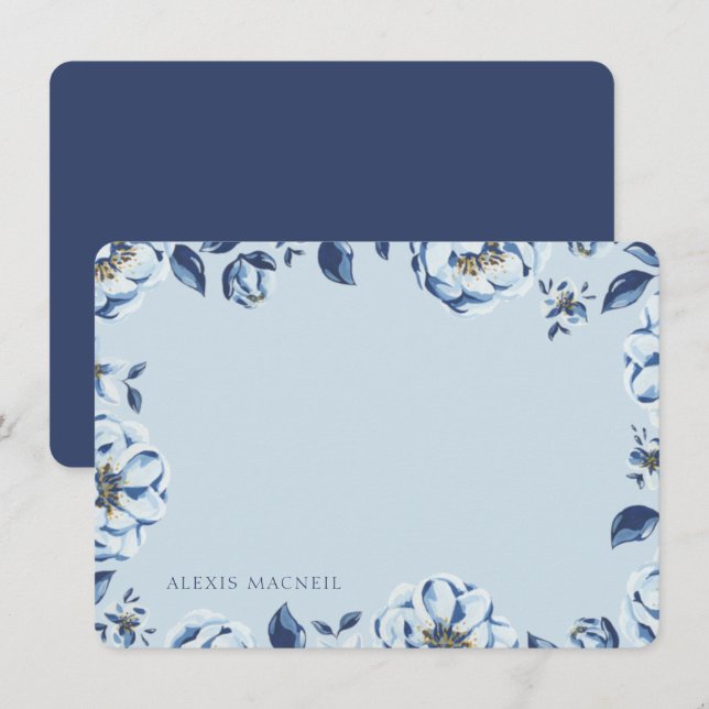 Elegant Blue Floral Womens Personalized Stationary Card (Front/Back)