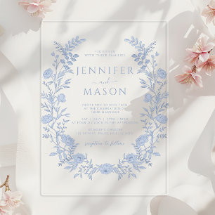 Elegant Blue Floral Wreath Bohemian Wedding Acrylic Invitations