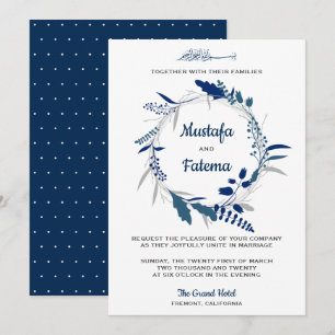 Elegant Blue Floral Wreath Islamic Wedding Invitation