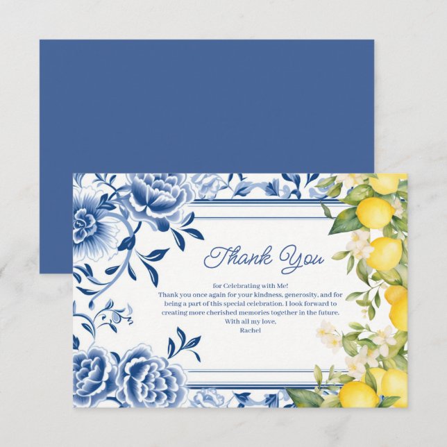 Elegant Blue Floral & Yellow Lemon Bridal Shower  Thank You Card (Front/Back)
