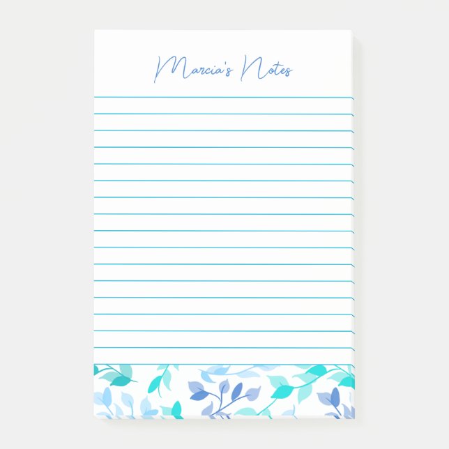 Elegant Blue Florals Modern Personalized Post-it Notes (Front)