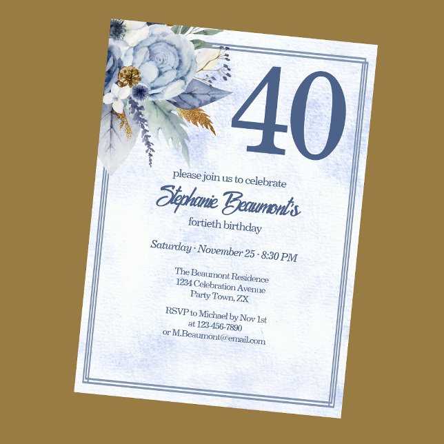 Elegant Blue Florals Women's 40th Birthday Party Invitation (Creator Uploaded)