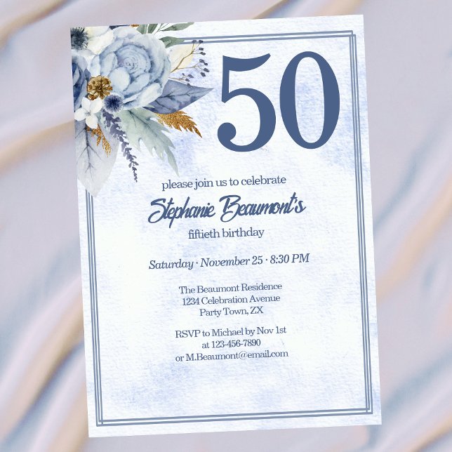 Elegant Blue Florals Women's 50th Birthday Party Invitation (Creator Uploaded)