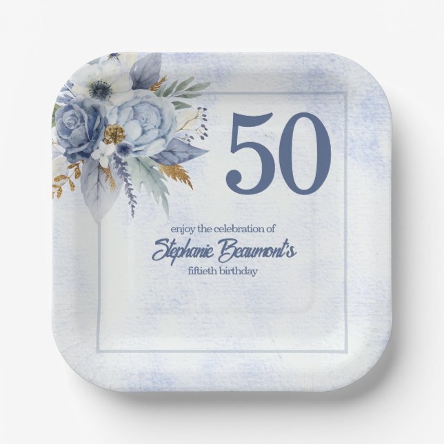 Elegant Blue Florals Women's 50th Birthday Party Paper Plate (Front)
