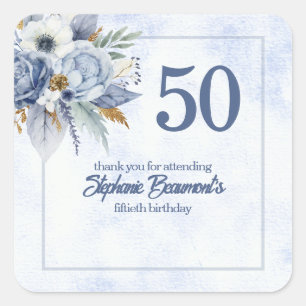 Elegant Blue Florals Women's 50th Birthday Party Square Sticker