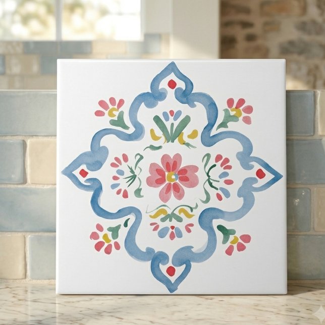 Elegant Blue Flourish Folk Floral Decorative Tile (Elegant Blue Flourish Folk Floral Decorative Ceramic Tile
)