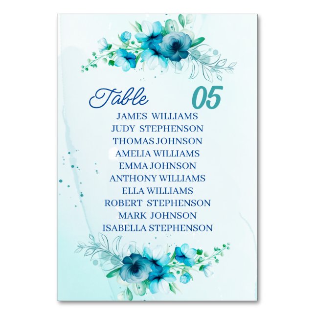 Elegant Blue Flower Custom Wedding Table Number (Front)