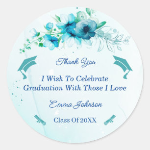 Elegant Blue Flower Graduation Customized Classic Round Sticker