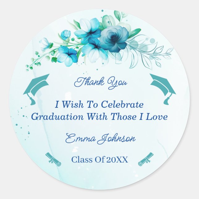 Elegant Blue Flower Graduation Customized  Classic Round Sticker (Front)