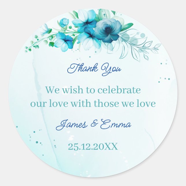 Elegant Blue Flower Personalized Wedding Classic Round Sticker (Front)