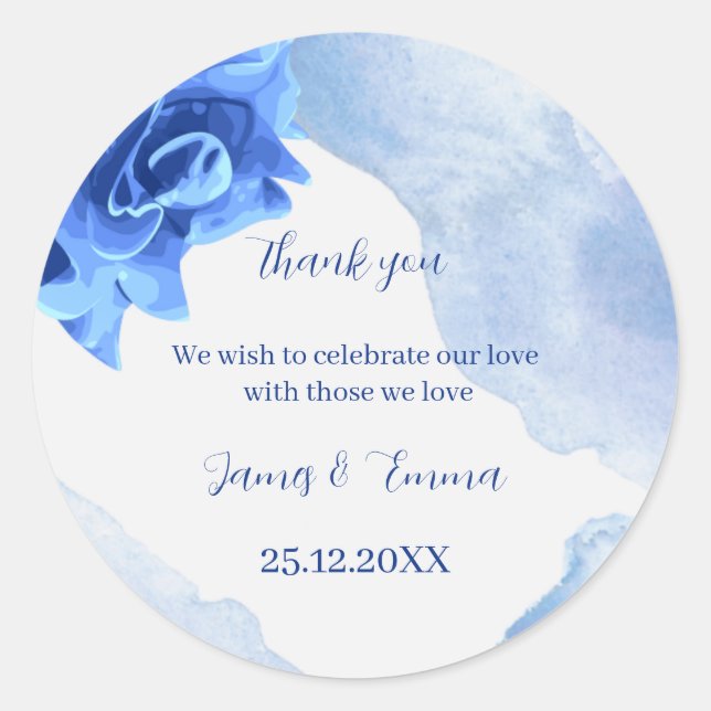 Elegant Blue Flower Personalized Wedding Classic Round Sticker (Front)