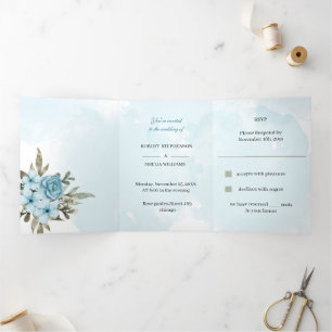 Elegant Blue Flower Personalized Wedding Tri-Fold Invitation