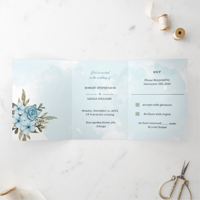 Elegant Blue Flower Personalized Wedding Tri-Fold Invitation (Inside)