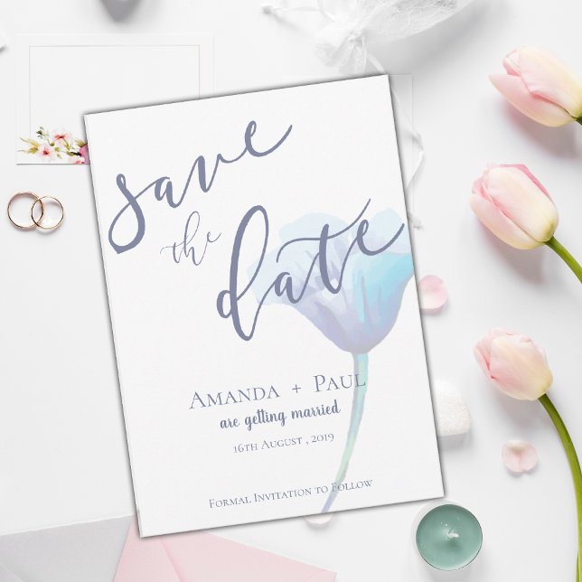Elegant Blue Flower Simple Script Floral wedding Save The Date (Elegant Blue Flower Simple Script Floral wedding Save The Date)