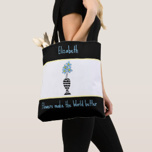 elegant Blue Flowers and Bold Stripes Tote Bag